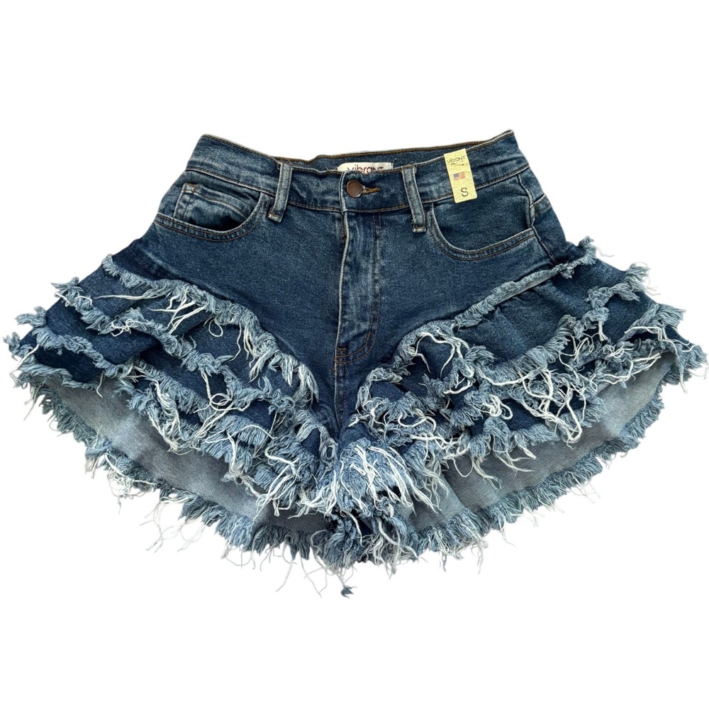 NWT Vibrant MIU Ruffle Denim Jean Shorts Size Small Western Festival
